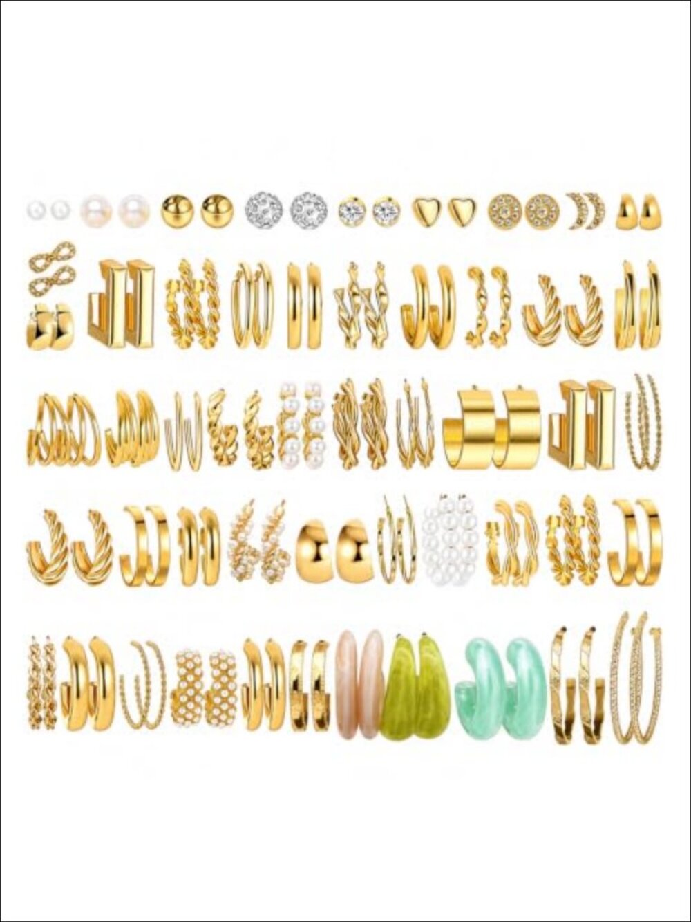 14K Gold Plated Hoop Earrings Set 51 Pairs Pearl Twisted Chunky